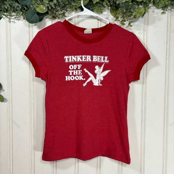 Disney Tinkerbell T Shirt SMALL Red "Off the Hook" Casual Preppy Peter Pan - Picture 1 of 4